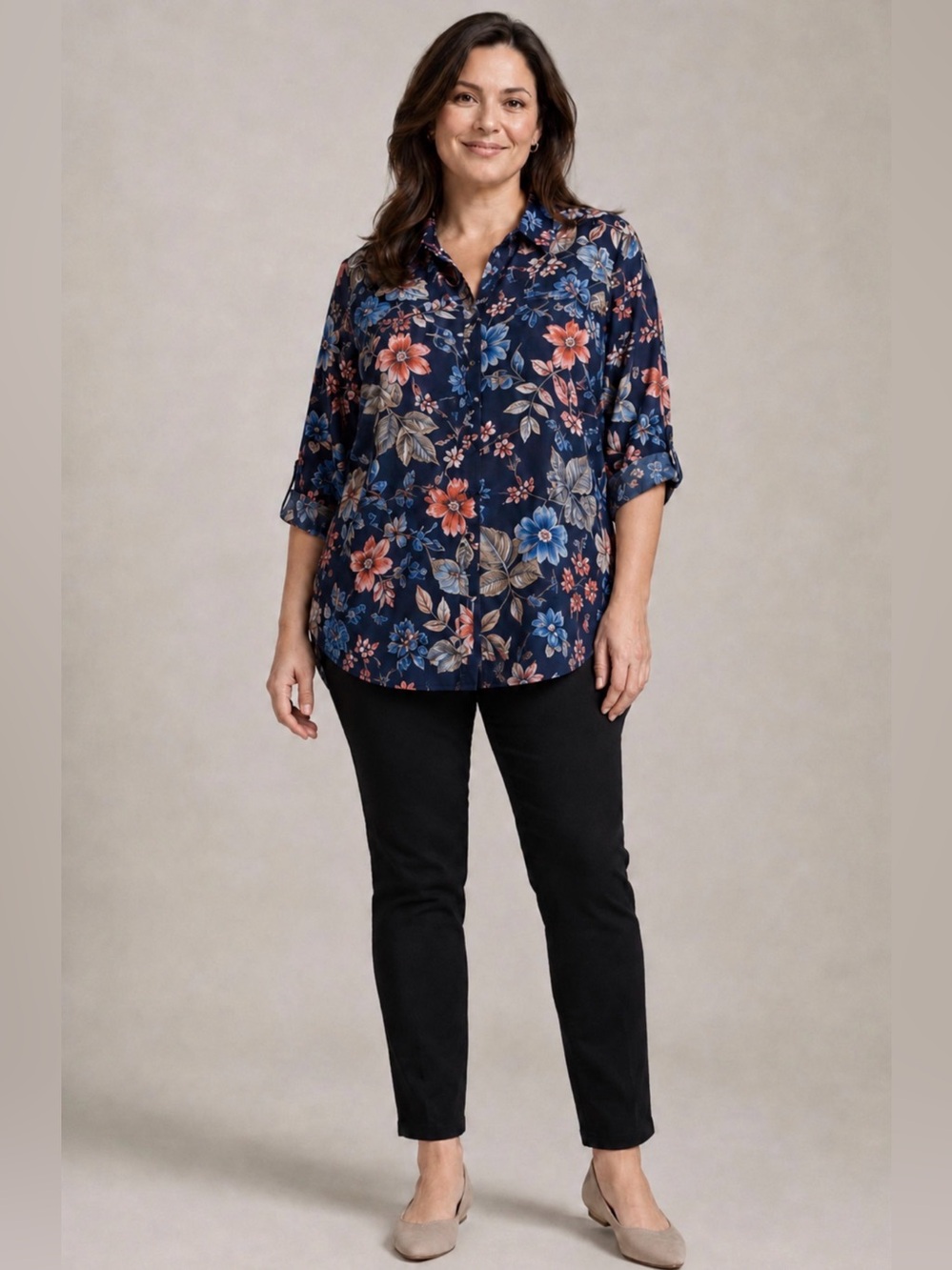 Chico’s Size 4 Navy Floral Button Front Hi Low Blouse Roll Tab Sleeve NWT
